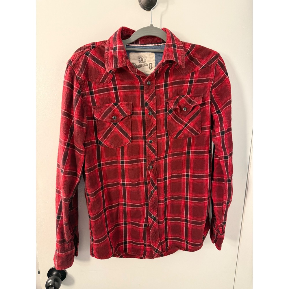 Roebuck & Co Mens Red Black Plaid Flannel Western Shirt Snap Pocket Medium